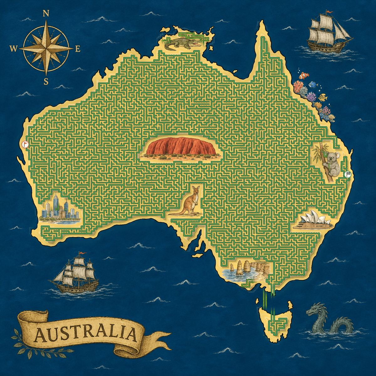 Australia shaped maze with Australian landmarks