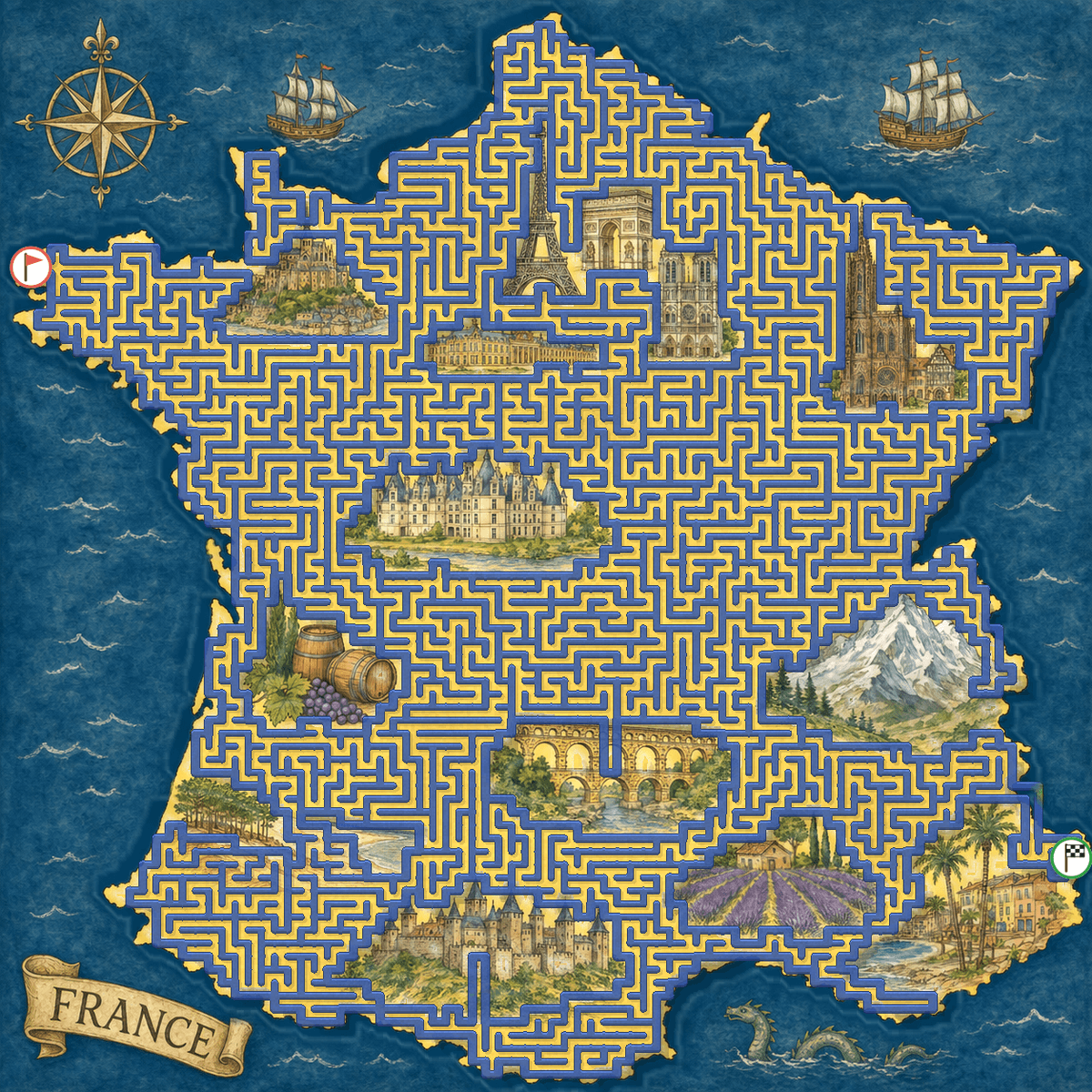 France shaped maze in watercolor style with French landmarks