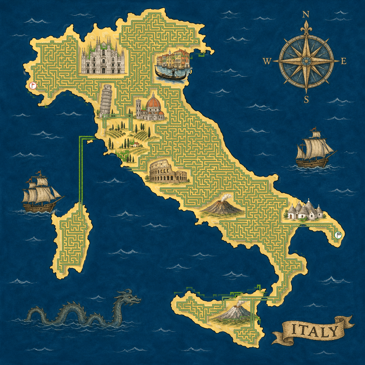 Italy shaped maze with Italian landmarks