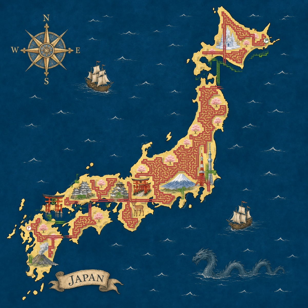 Japan shaped maze with Japanese landmarks