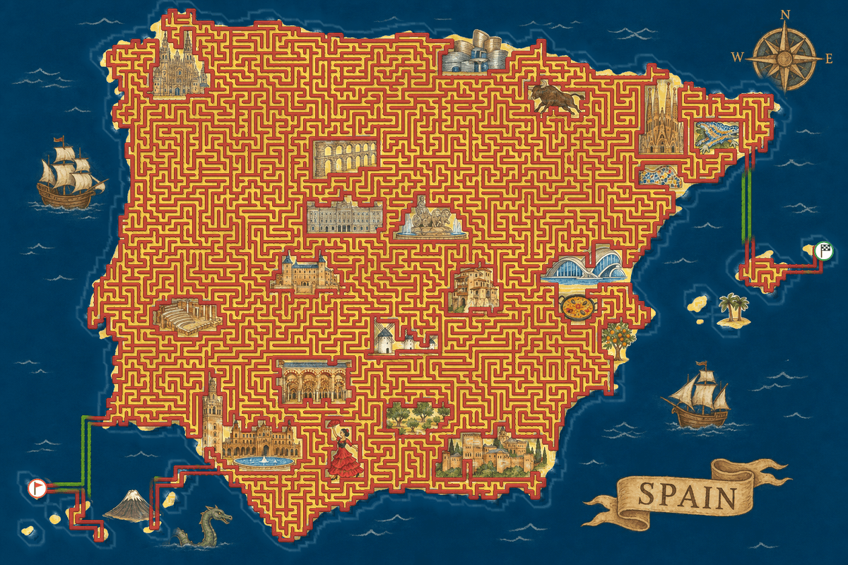 Spain shaped maze with famous Spanish landmarks
