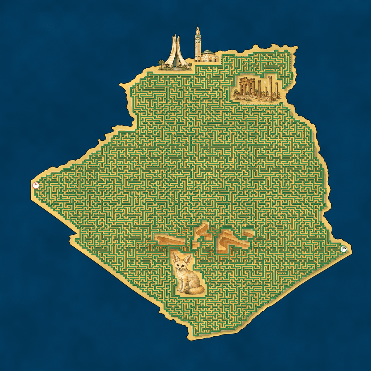 Algeria shaped maze with landmarks — World Cup 2026