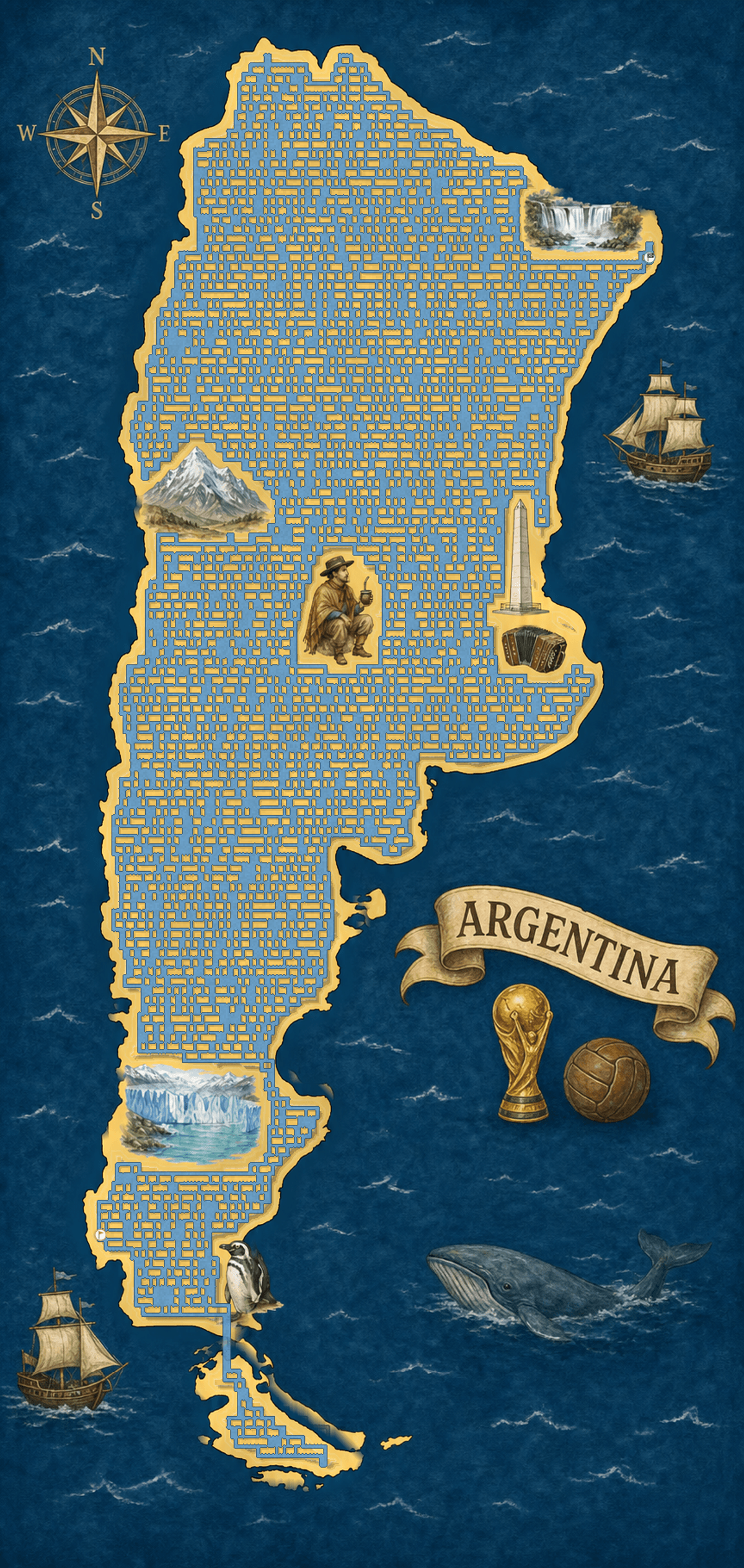 Argentina shaped maze with Argentine landmarks