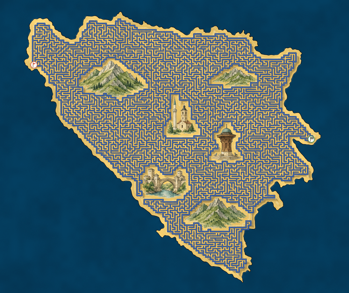 Bosnia shaped maze with landmarks — World Cup 2026
