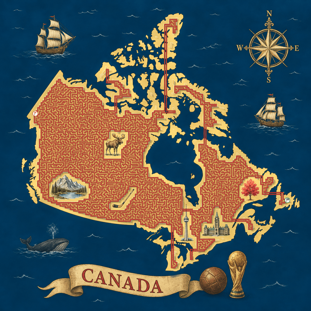 Canada shaped maze with landmarks — World Cup 2026