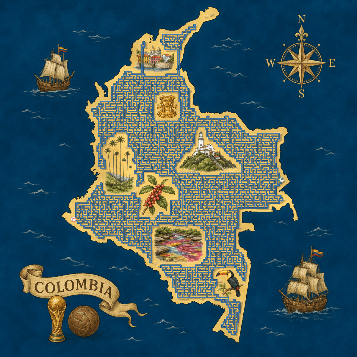 Colombia shaped maze with Colombian landmarks — World Cup 2026 dark horse