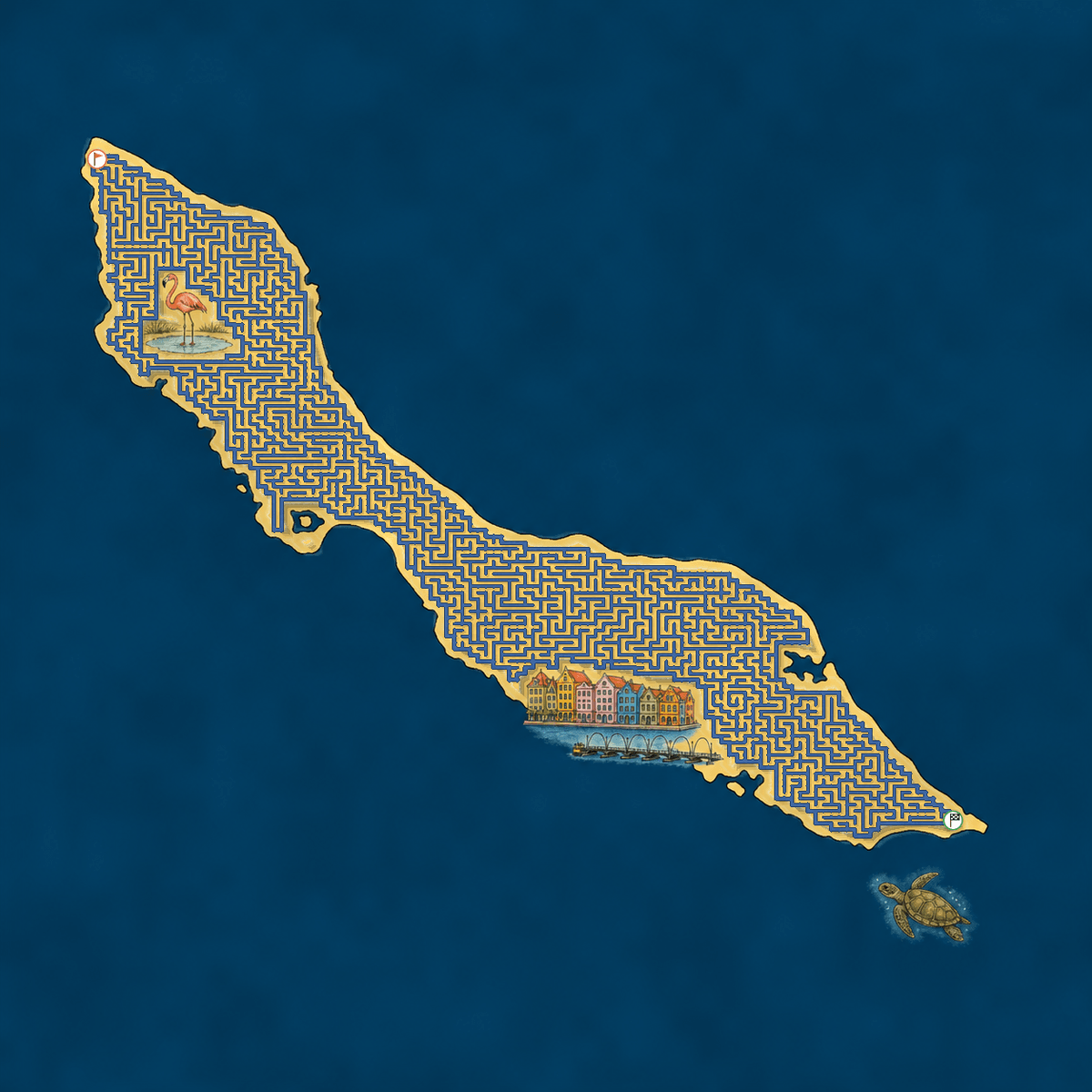 Curacao shaped maze with landmarks — World Cup 2026