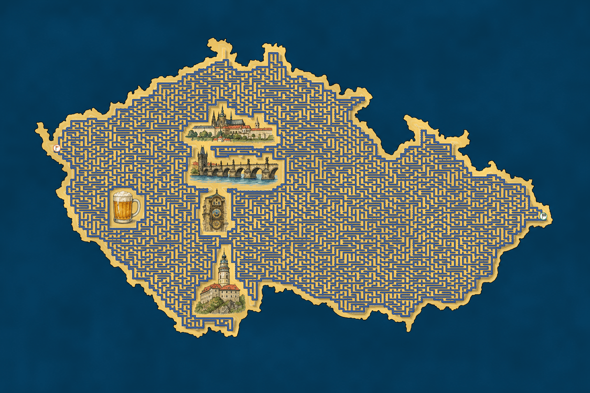 Czechia shaped maze with landmarks — World Cup 2026