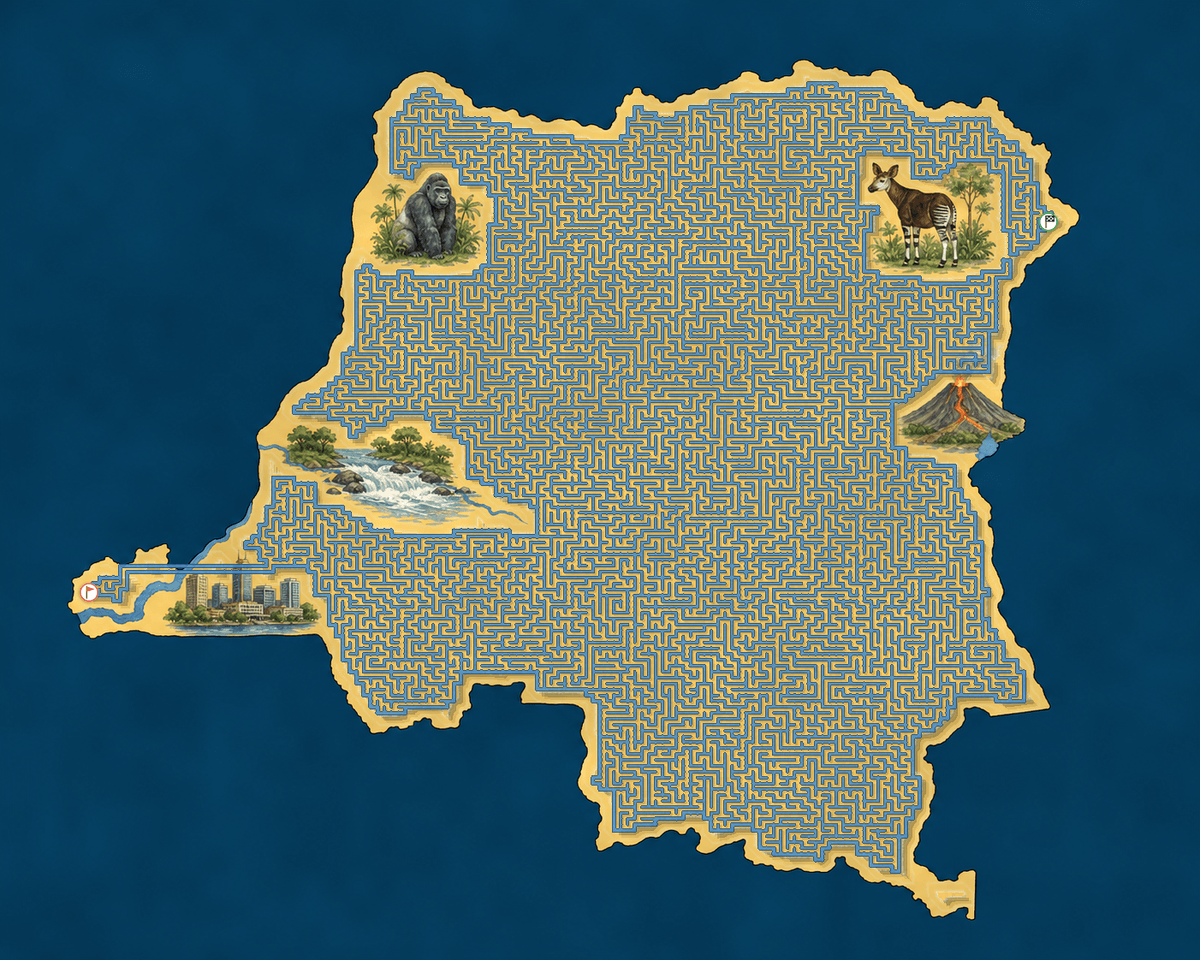 Dr Congo shaped maze with landmarks — World Cup 2026