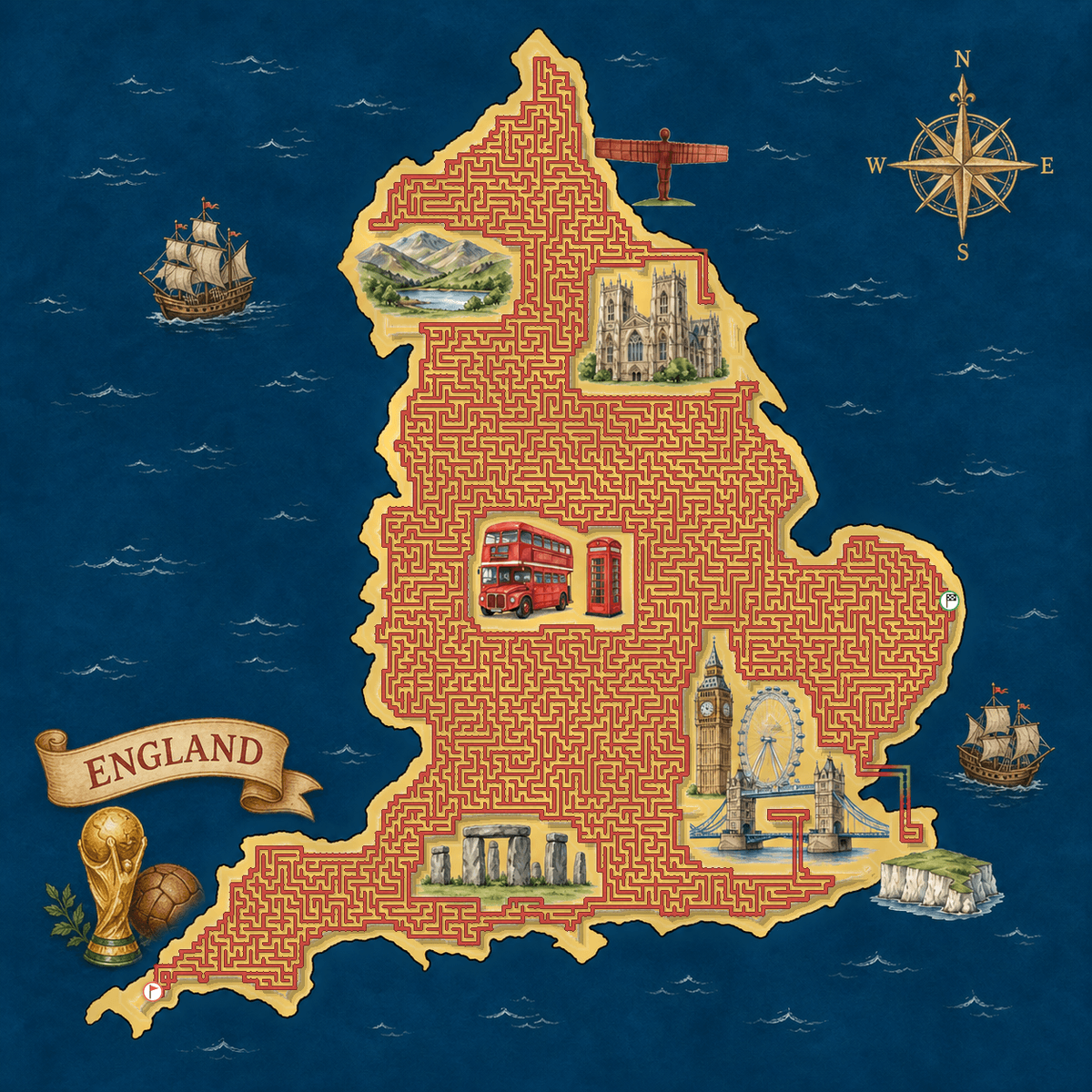 England shaped maze with English landmarks