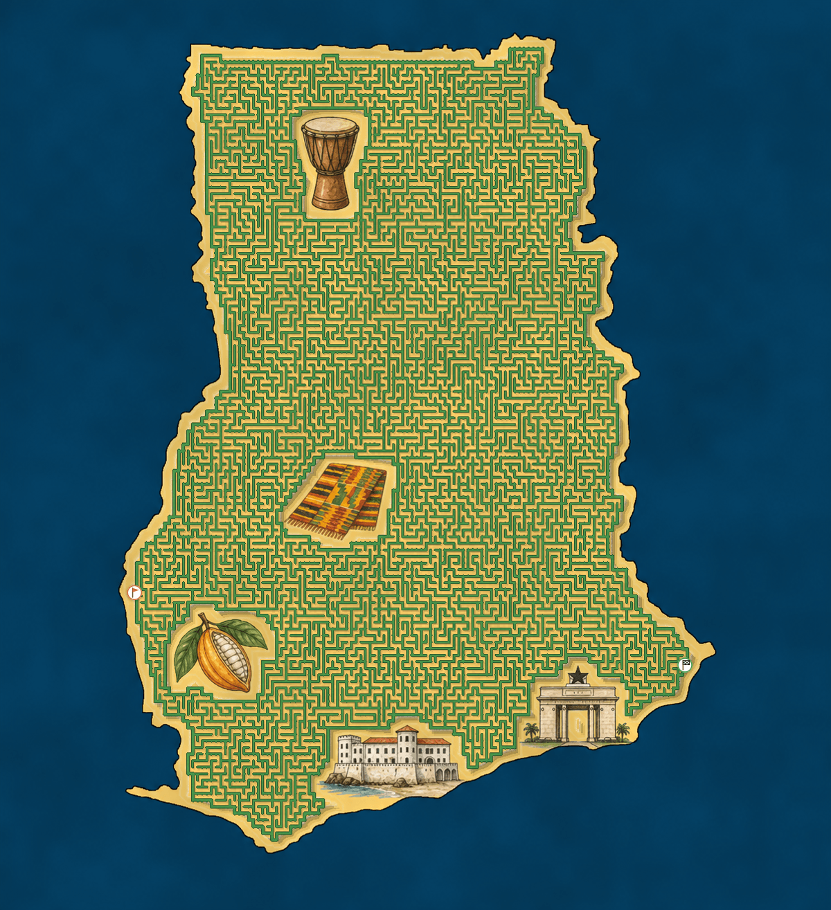 Ghana shaped maze with landmarks — World Cup 2026