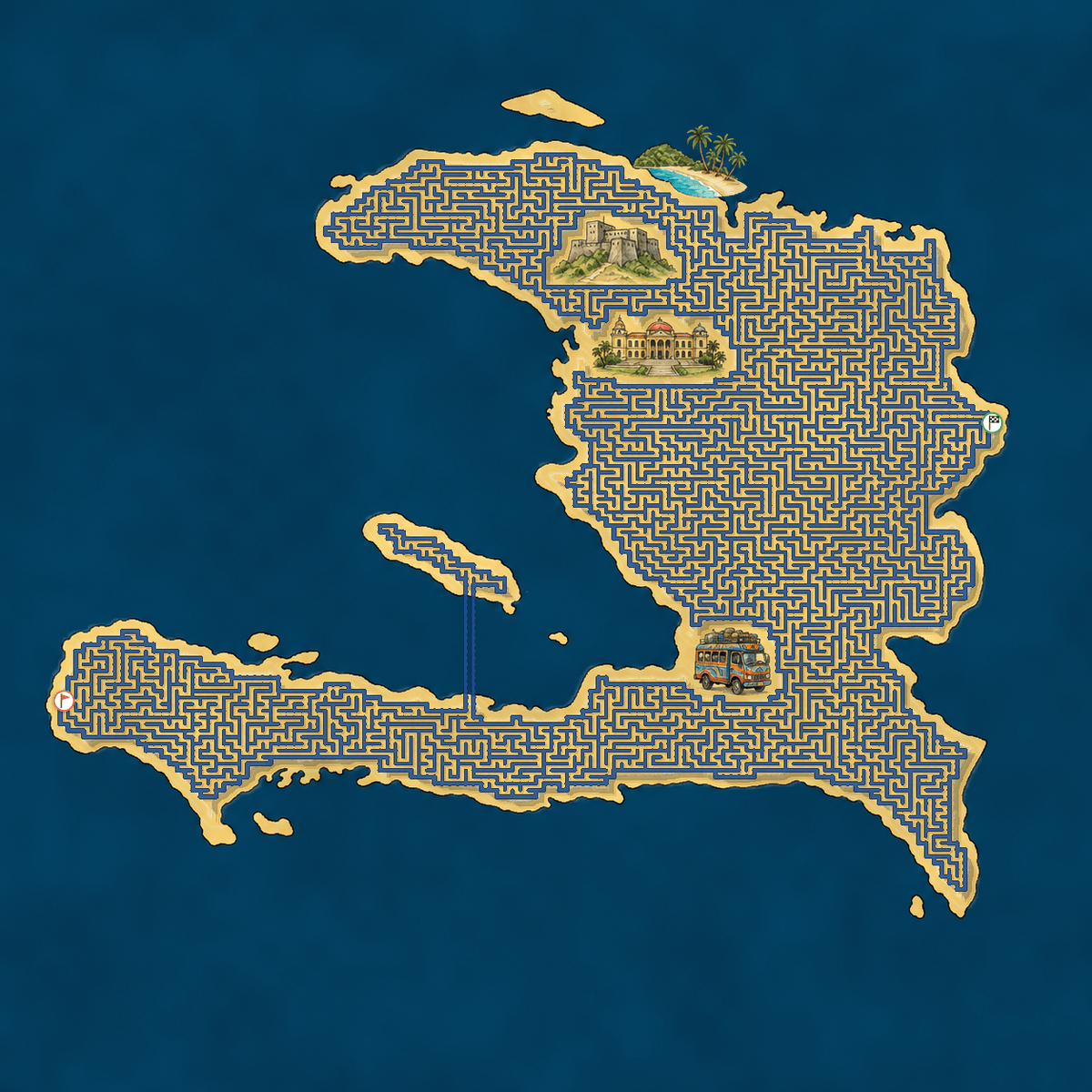 Haiti shaped maze with landmarks — World Cup 2026