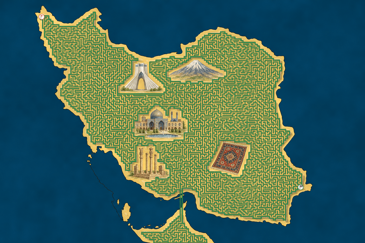 Iran shaped maze with landmarks — World Cup 2026