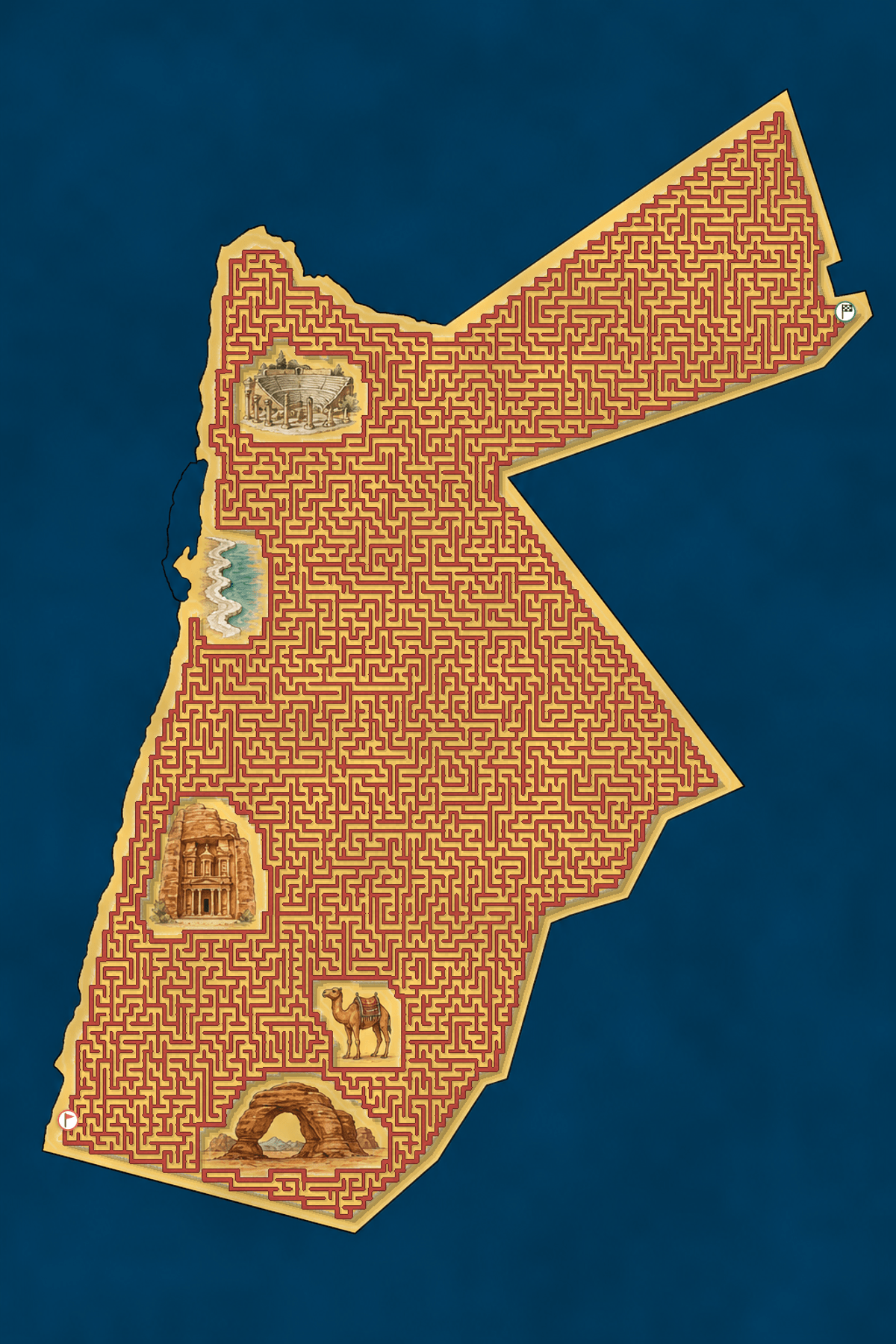 Jordan shaped maze with landmarks — World Cup 2026