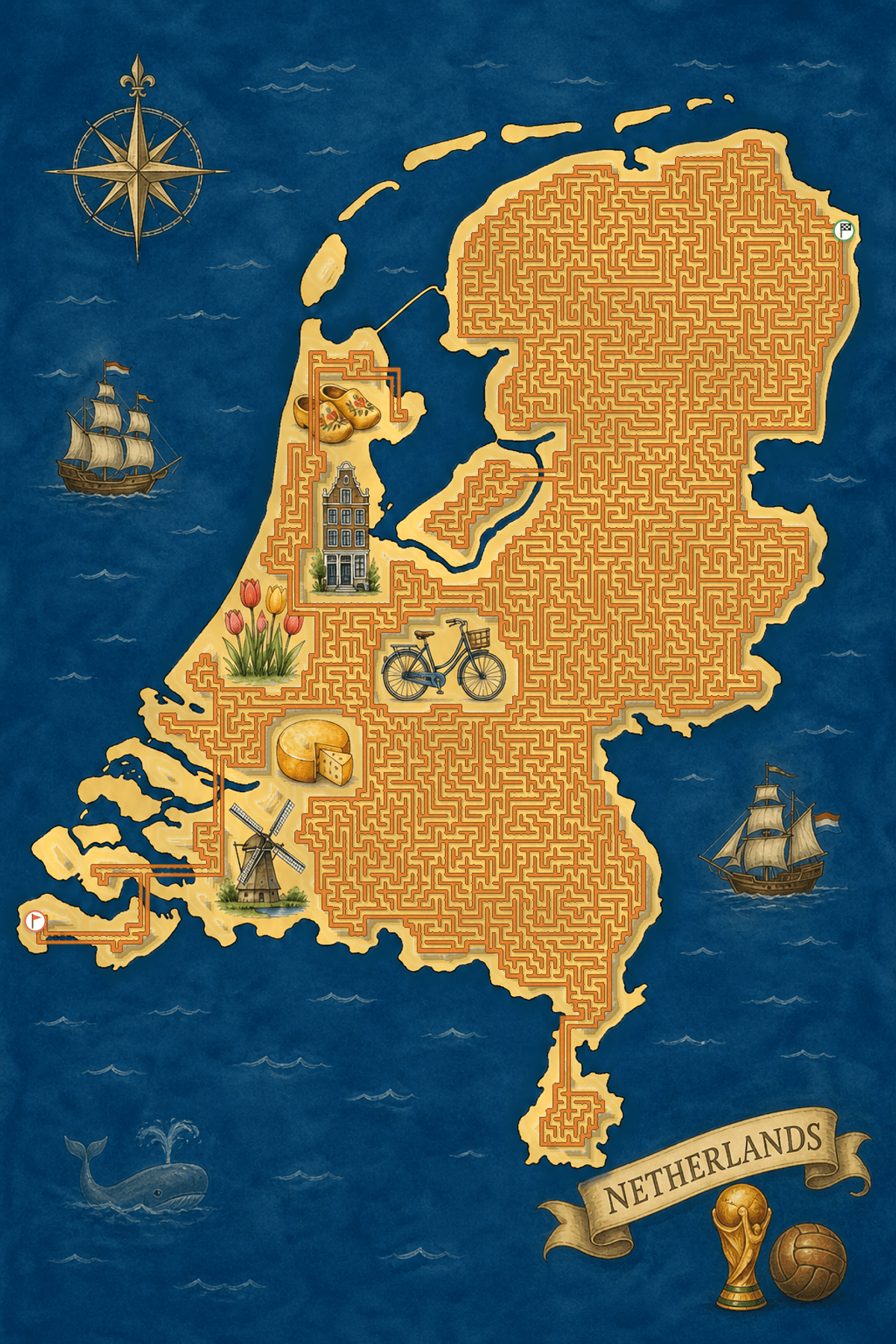 Netherlands shaped maze with landmarks — World Cup 2026