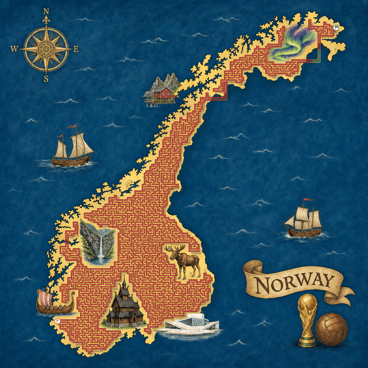 Norway shaped maze with Norwegian landmarks — World Cup 2026 dark horse