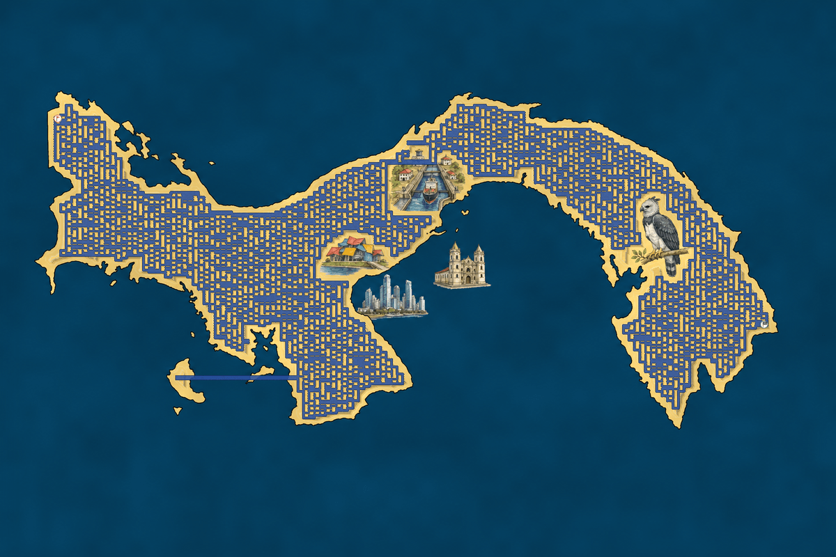 Panama shaped maze with landmarks — World Cup 2026