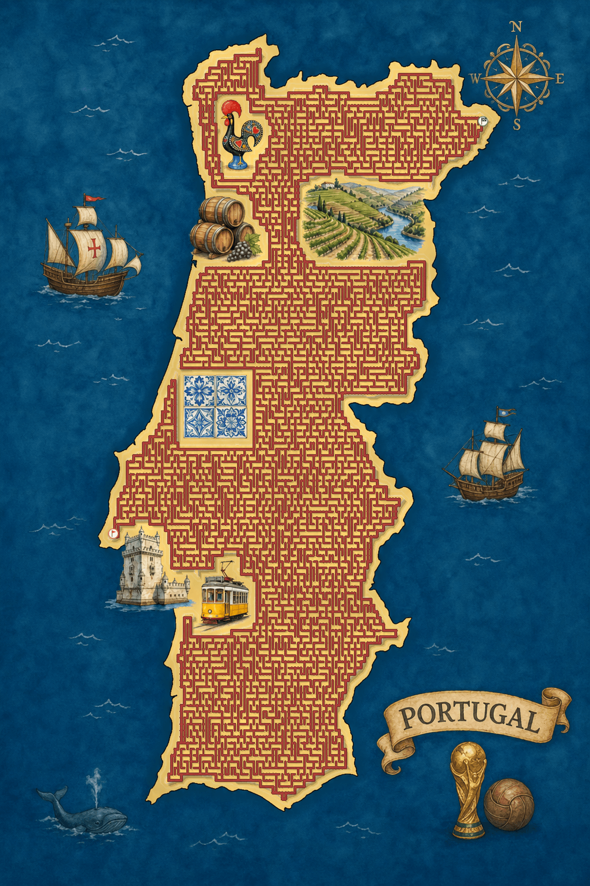 Portugal shaped maze with landmarks — World Cup 2026