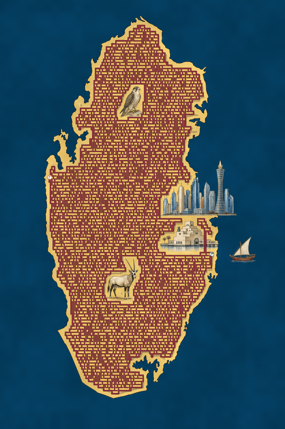 Qatar shaped maze with landmarks — World Cup 2026