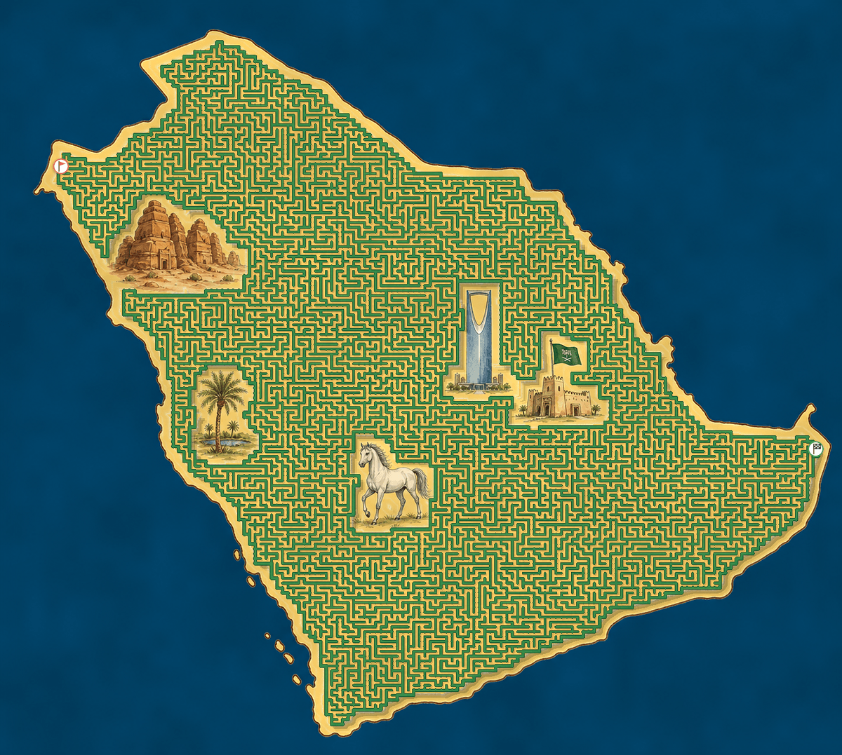 Saudi Arabia shaped maze with landmarks — World Cup 2026