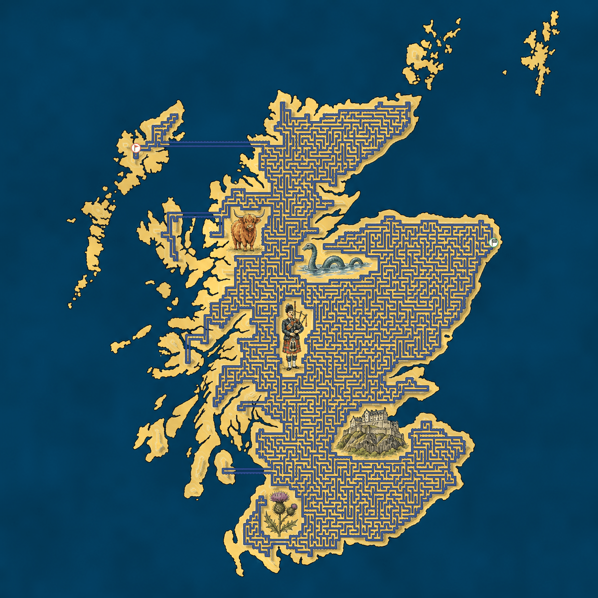 Scotland shaped maze with landmarks — World Cup 2026