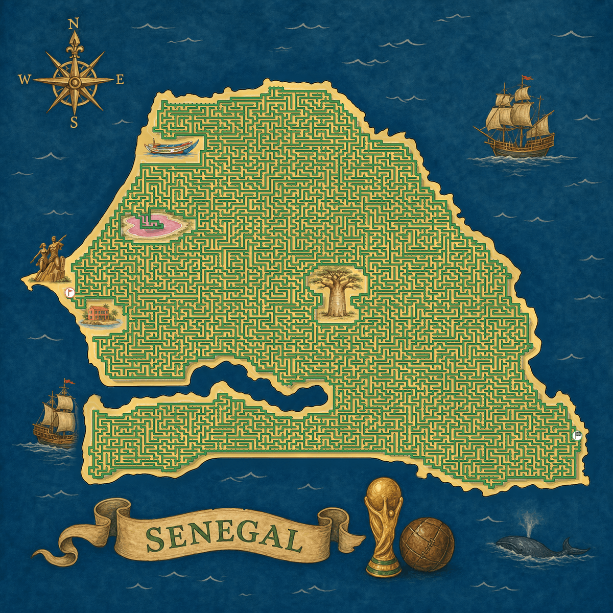 Senegal shaped maze with landmarks — World Cup 2026