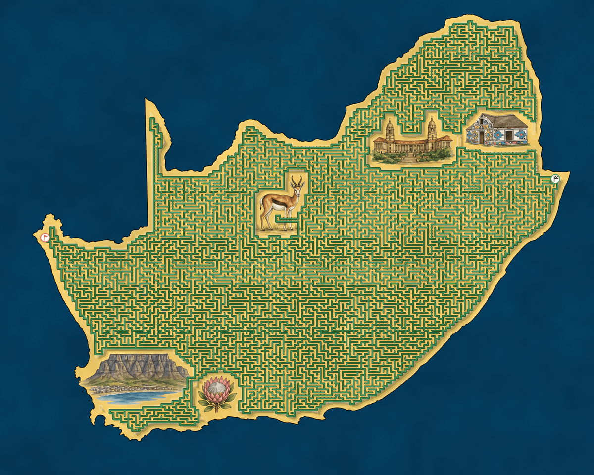 South Africa shaped maze with landmarks — World Cup 2026
