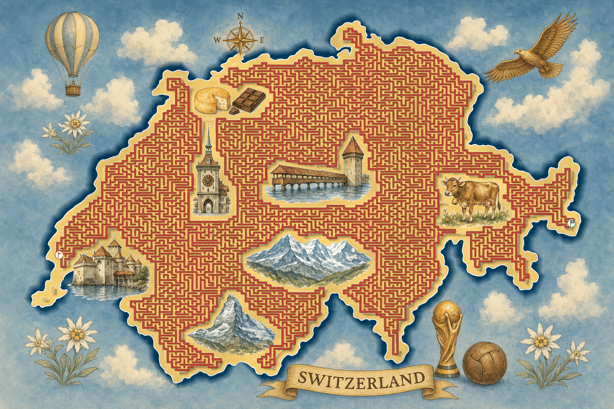 Switzerland shaped maze with Swiss landmarks