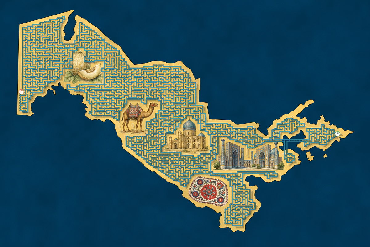 Uzbekistan shaped maze with landmarks — World Cup 2026