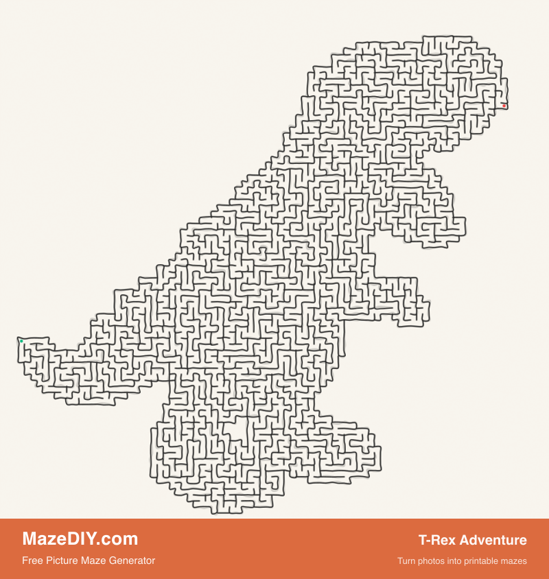 T-Rex Adventure — free maze worksheet T-Rex Adventure — printable picture maze