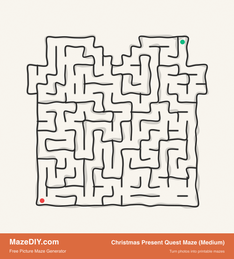 Christmas Present Quest Maze (Medium) — free maze worksheet Christmas Present Quest Maze (Medium) — printable picture maze