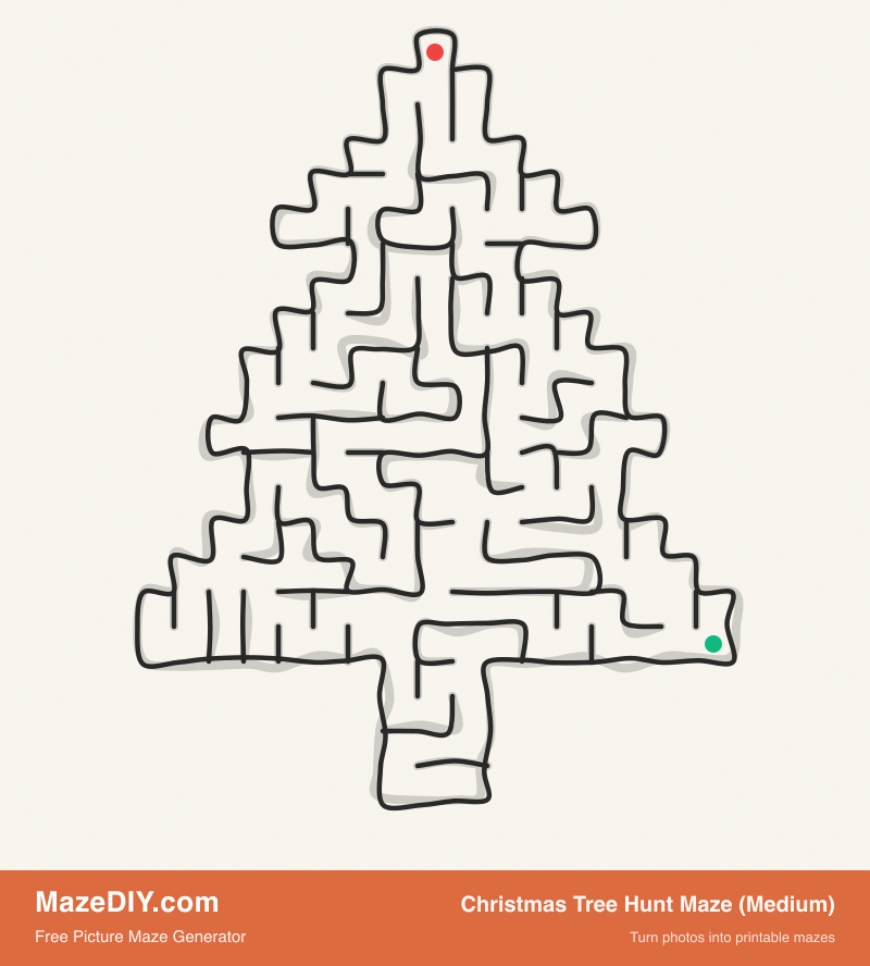 Christmas Tree Hunt Maze (Medium) — free maze worksheet Christmas Tree Hunt Maze (Medium) — printable picture maze