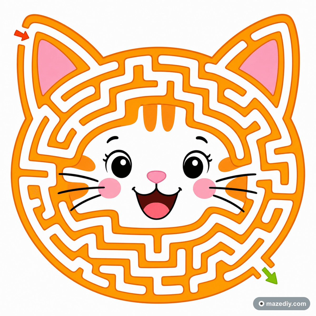 Cat-shaped kids maze made with the online maze maker, thick easy paths